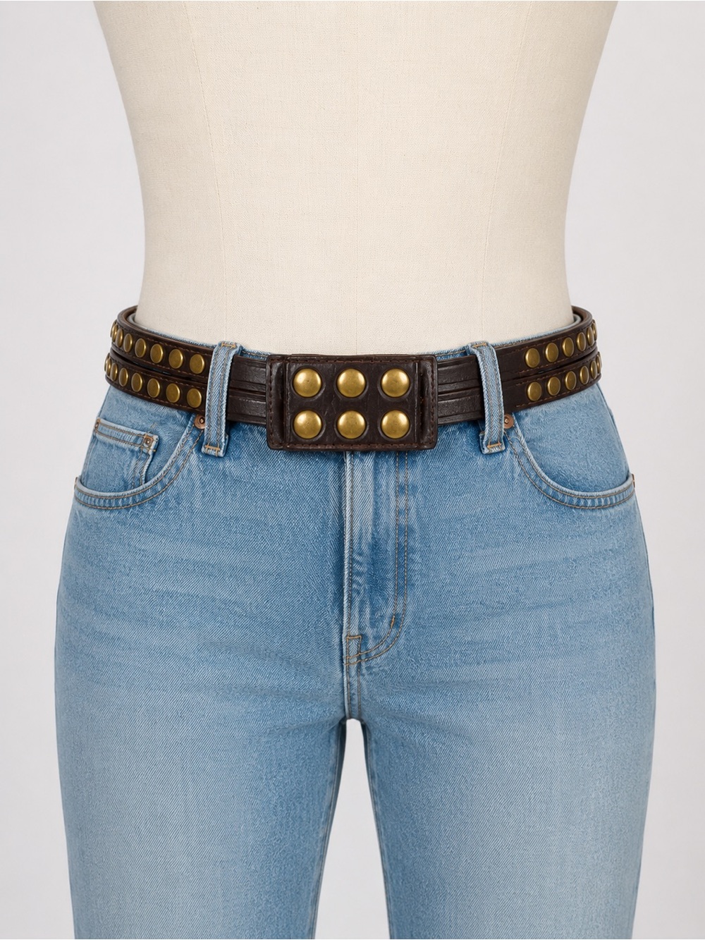 Brown Leather Multi-Strand Studded Belt – Size S/M Small - Medium Gold studs